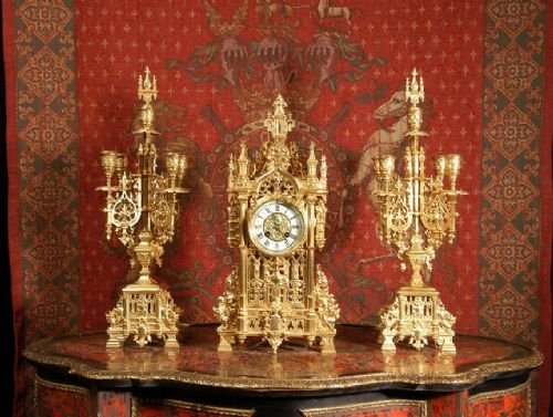 fig 1. Japy Freres Gothic Clock Set, French - Circa 1870.